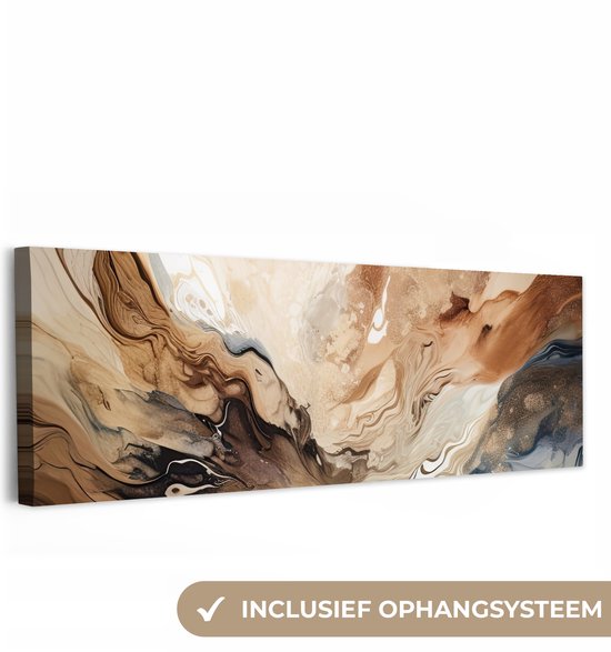 Canvas schilderij 150x50 cm - Wanddecoratie Abstract - Kunst - Verf - Beige - Modern - Muurdecoratie woonkamer - Slaapkamer decoratie - Kamer accessoires - Schilderijen op canvas