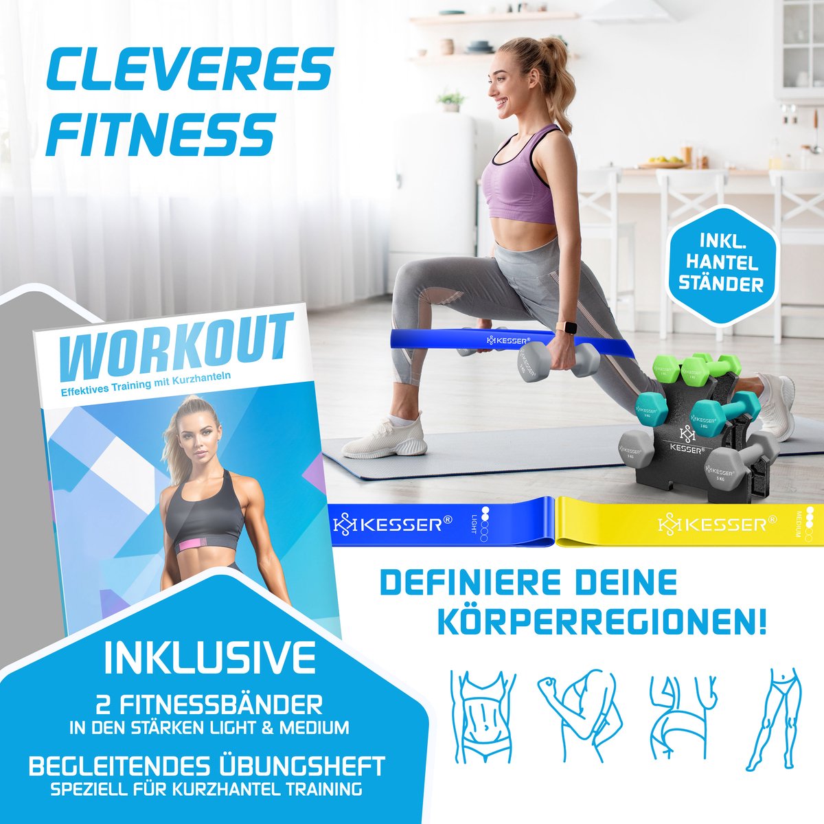 KESSER® Dumbells Set 3 Paren (2x 1, 2 & 5kg) = 18 kg totaal | 6x Dumbbells verstelbaar Geschikt voor Fitness Zumba & Aerobics | Halters Gewichten Set met Standaard | Halterset met oefeningenboekje, 2x fitnessbanden – foto 5