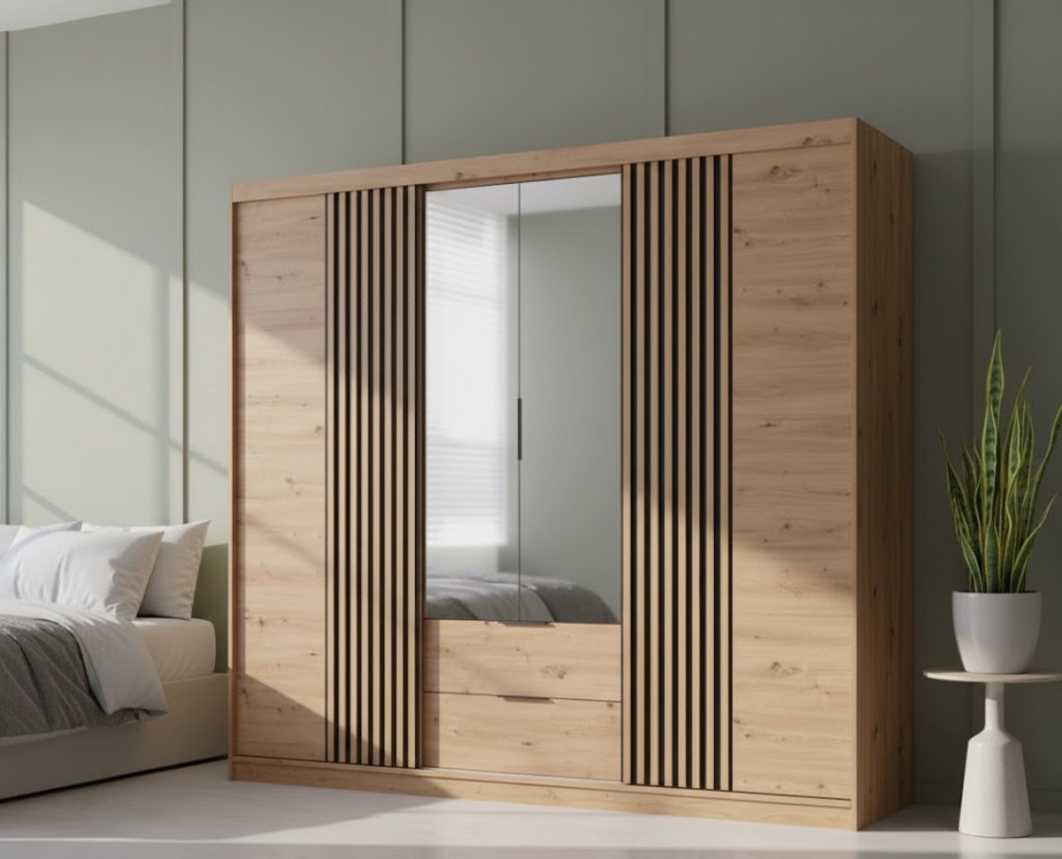 Majorka Artisan Eikenhouten Kledingkast 253 x 213 x 59 cm met Spiegel - Slaapkamermeubels, Opbergruimte - Multifunctionele Kast met 2 Laden en 2 Kledingroedes