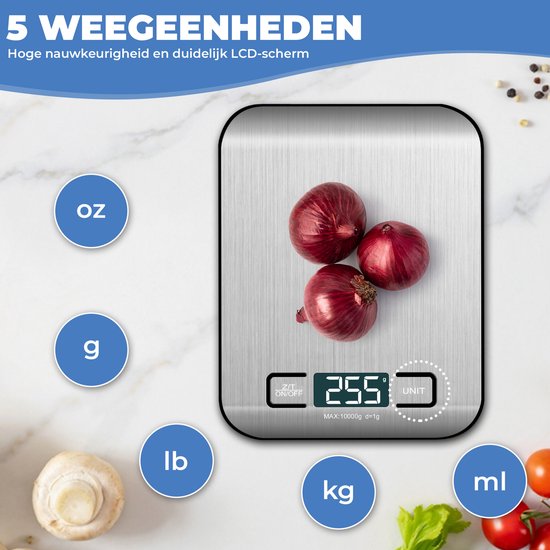 Balance de Cuisine - Balance de Cuisine Numérique - 1G à 10KG - Rechargeable USB - Piles incluses - Écran LCD - Fonction Tare - Argent