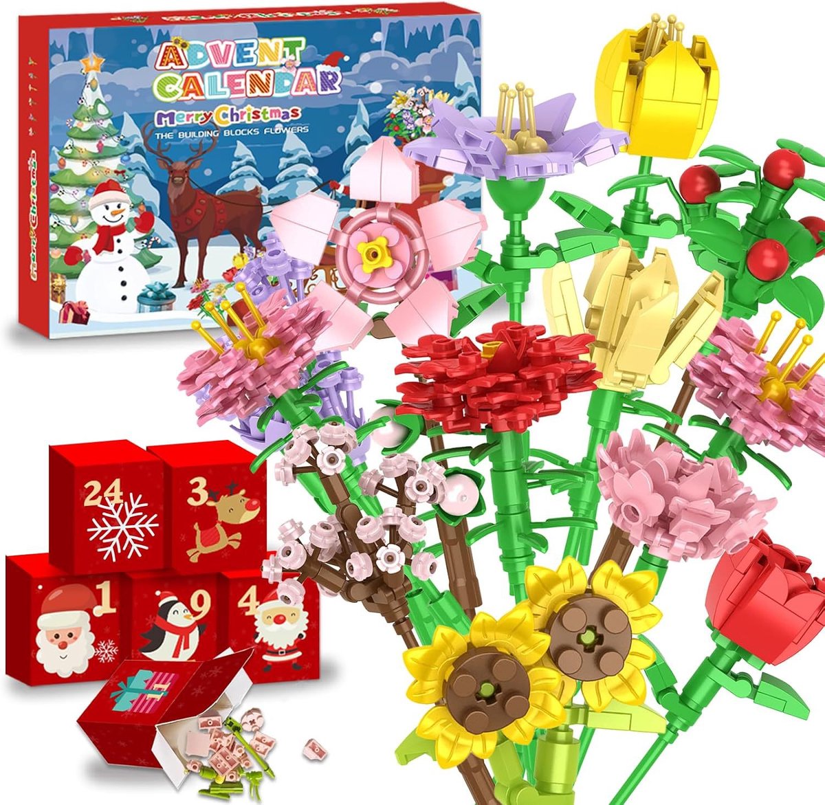 Adventskalender 2025 voor kinderen- volwassenen en tieners- kerstaftelkalender met bloemenboeket Bouwstenen-rituals- kunstmatige wilde bloemenstenen-Ouder-kindinteractie- Verrassing voor het uitpakken van de feestdagen -geschenkdoos（tulp）