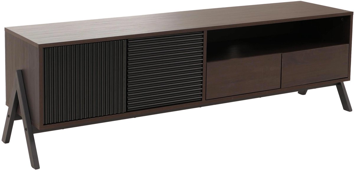 MCW TV-rek MCW-O40, lowboard tv-kast 2 lades deuren opbergvakken, MDF metaal melamine 48x155x40cm ~ walnootlook