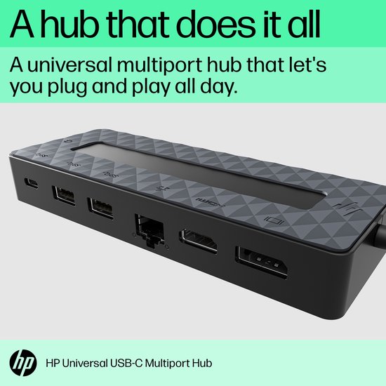 HP Universele USB-C Multipool Hub met ruitpatroon en diverse poorten: HDMI, Ethernet, USB.