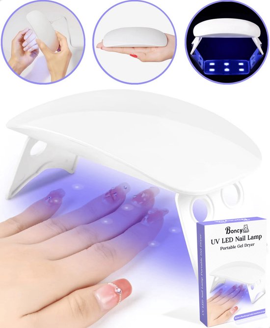 Drie afbeeldingen van de witte UV LED nagellamp, met een hand die de lamp gebruikt. Ook de verpakking.