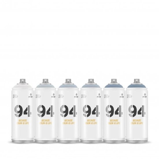 Six bombes de peinture '94' dans des tons gris chauds avec le texte 'BECAUSE COLOR IS LIFE'.