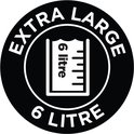 Pictogram met de tekst 'EXTRA LARGE 6 LITRE' en een maatbeker die 6 liter aangeeft.
