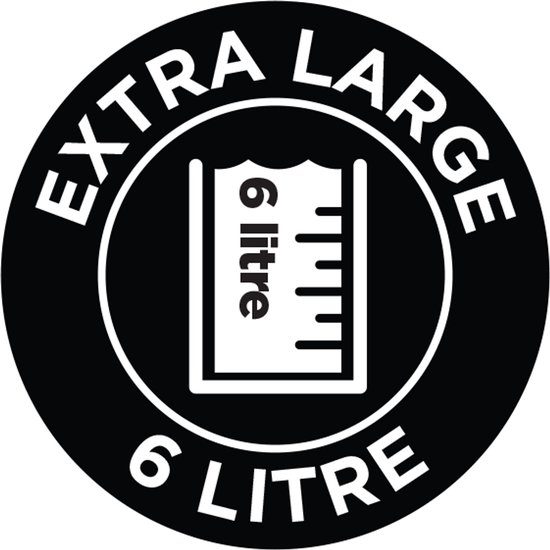 Pictogram met de tekst 'EXTRA LARGE 6 LITRE' en een maatbeker die 6 liter aangeeft.
