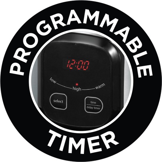 Close-up van het digitale display van een Russell Hobbs slowcooker met de tekst 'PROGRAMMABLE TIMER'.