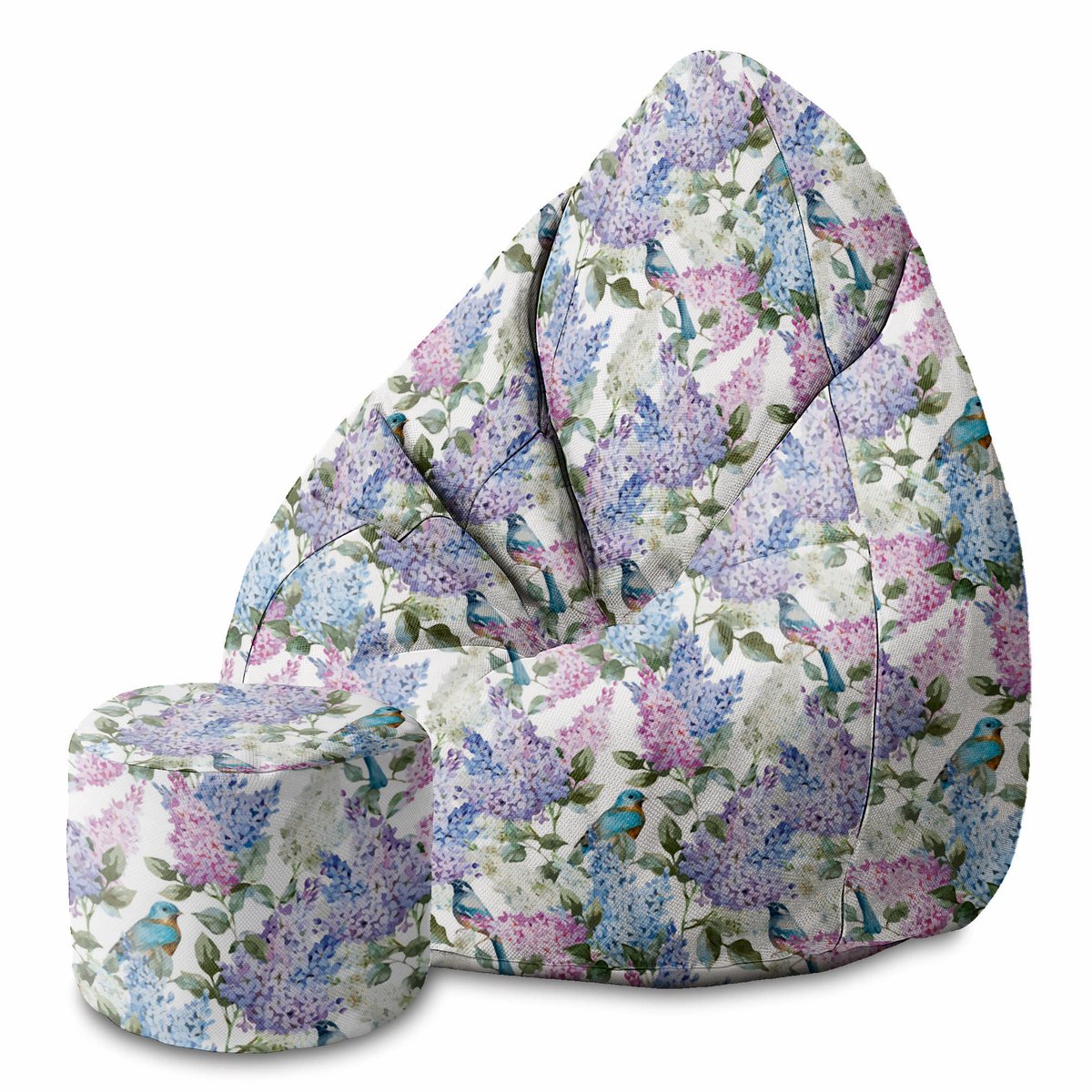 DreamRoots Velvet Zitzak voor Volwassenen – Luxe Beanbag met Voetsteun en Afneembare Hoes – Inclusief Vulling – 80x80x120 cm - Birds in Flowers