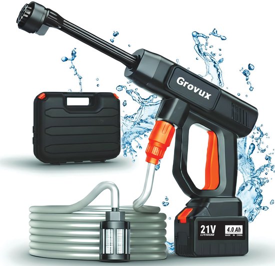 Grovux Draadloze Hogedrukreiniger - Auto Was Set - Terrasreinigers Groenaanslag - Hogedrukspuit - Incl. 21V Accu - Zwart