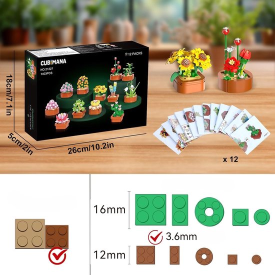 Kit de construction de plantes succulentes CUBIMANA 12 pièces - 1403 Mini -briques 3,6 mm - Collection de Fleurs vibrantes - Bouwstenen Plantes décoratives pour la maison - Cadeau créatif à DIY pour Adultes et Enfants de 10 ans et plus