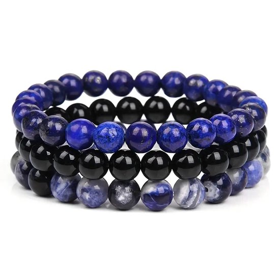 Ensemble de bracelets en perles Blauw noir pour femme et homme - bracelet élastique en pierre - 3 pièces