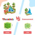 Vergelijking van Tilesminds magnetische blokken (2,5 cm) met concurrerende blokken (2 cm). Beide sets tonen een voorbeeld van een bouwwerk.