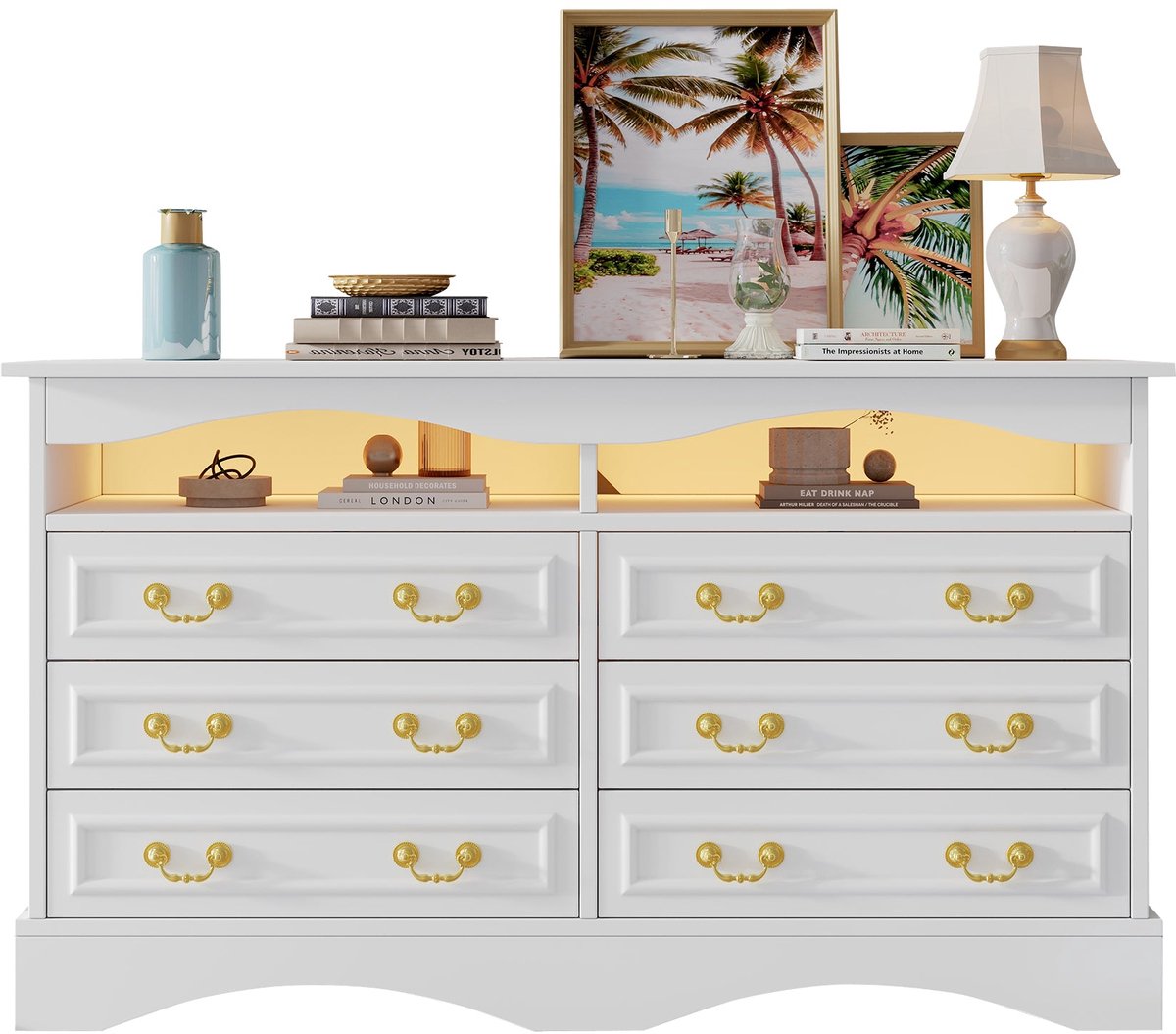 Merax Dressoir 120x40x70 cm met 6 Lades - Ladekast met LED Verlichting en Open Opbergruimte - Wit
