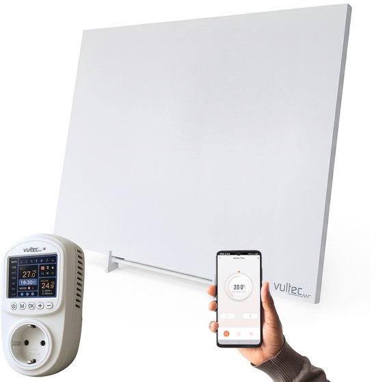 Wit Vultec infraroodpaneel met slimme thermostaat en smartphone-bediening.