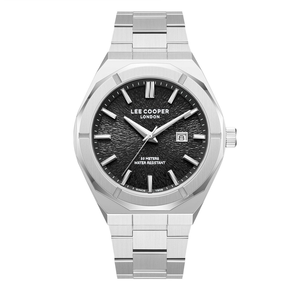 Lee Cooper LC08234.350 - Horloge - Polshorloge - Analoog - Heren - Mannen - Stalen band - Metaal - Rond - Afgeronde vierkant - Strepen - Datumaanduiding - Zilverkleurig - Briljant - Zwart - Wit