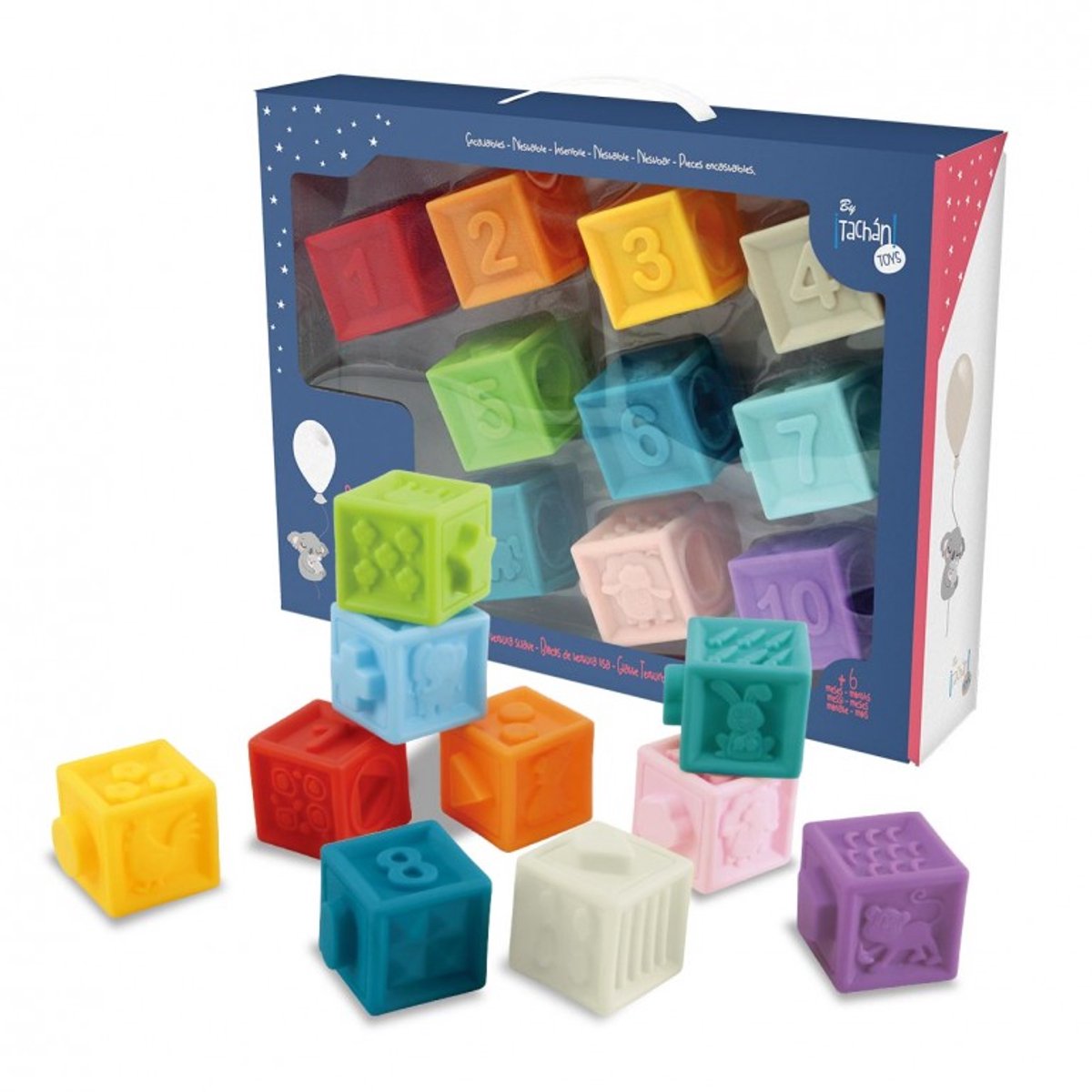 Blokkenset voor Baby - 10 Stuks - Tachan - Rubber Blokken met Textuur - Duurzaam en Veilig - Zacht - Multicolor