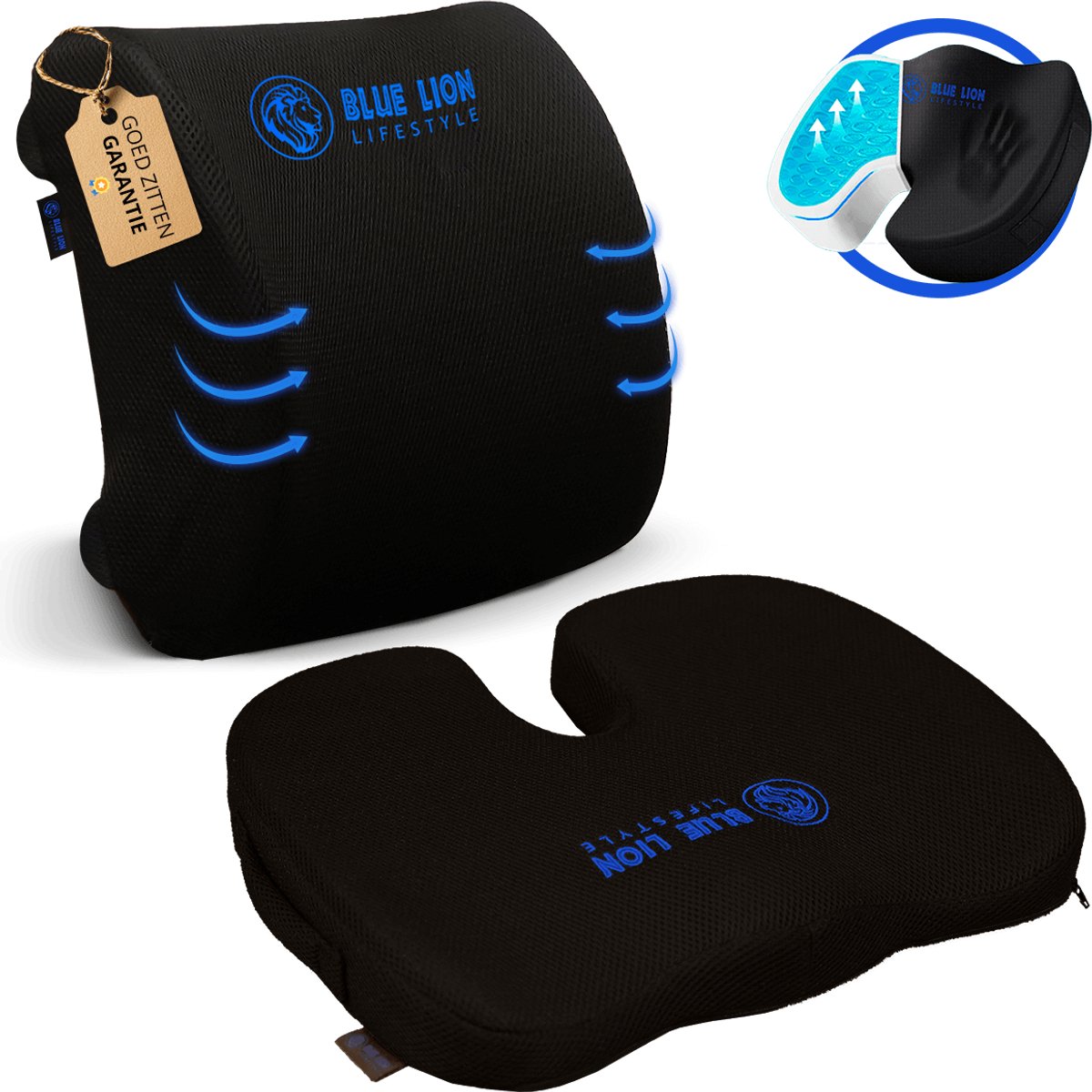 Blue Lion Zitkussen Met Gel & Rugsteun S - Ergonomisch Stuitkussen & Rugkussen voor Bureau of Bank - Stoelkussen - Klein