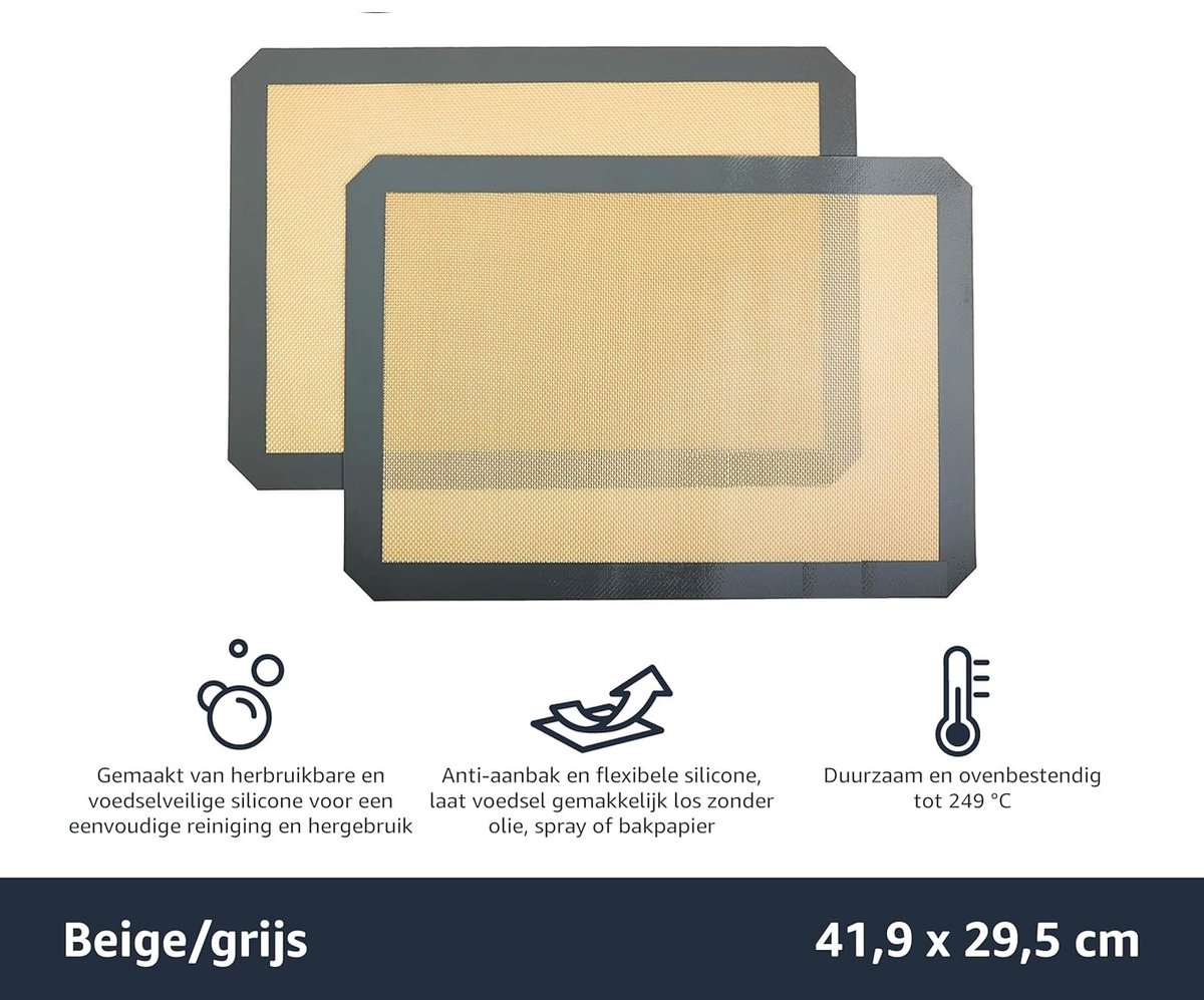Famanu - Rechthoekige bakmat, siliconen, 2 stuks, 29,54 x 41,91 cm, beige/grijs