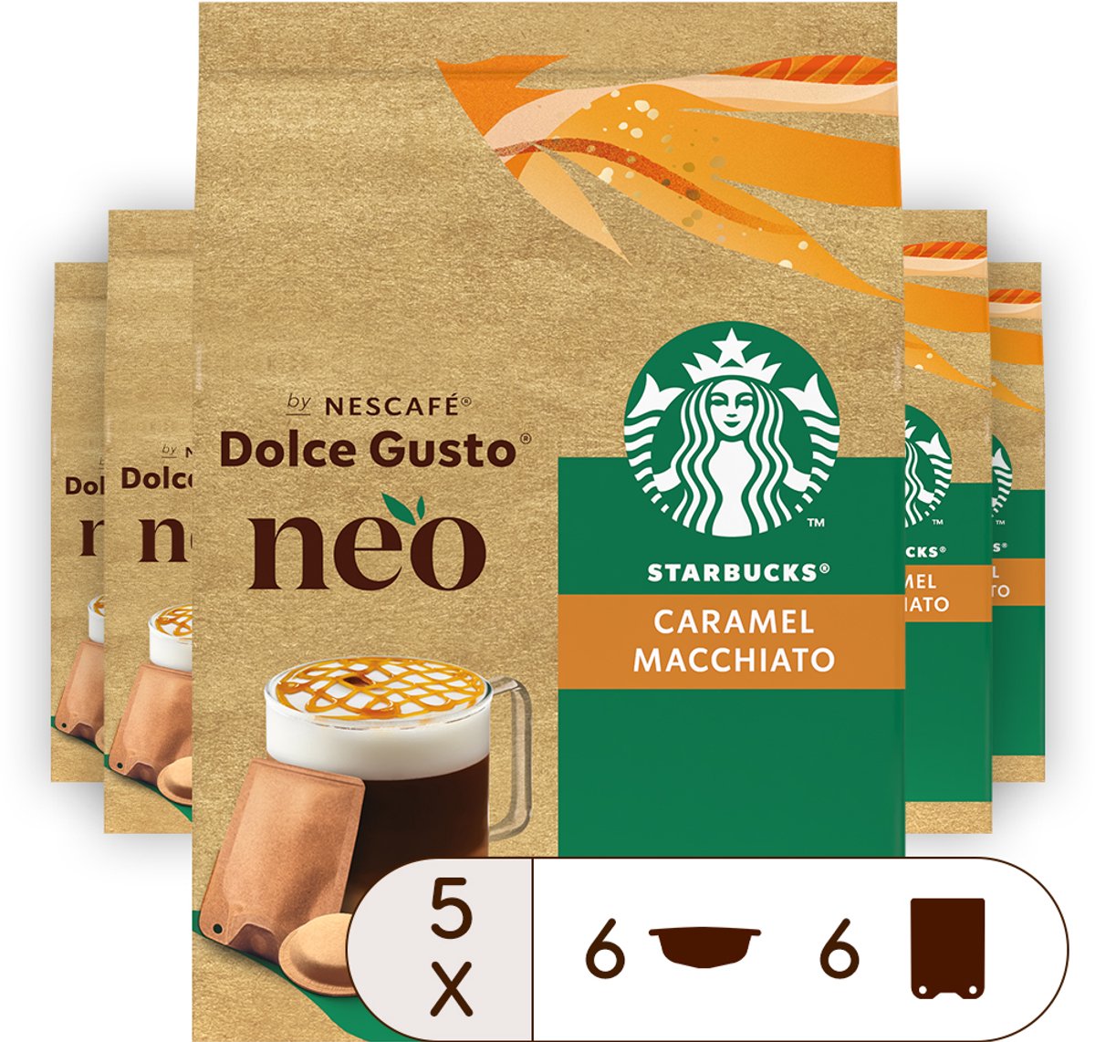 Starbucks by NESCAFÉ Dolce Gusto NEO koffiepads en sachets Caramel Macchiato - 5x 6 pads + 6 sachets voor 6 koppen koffie thumbnail 6