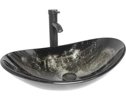 Puluomis Wastafel - Waskommen - Glas - Ovaal - Wastafelkraan zwart - Afvoerplug - Waterpijp - Zwart en wit
