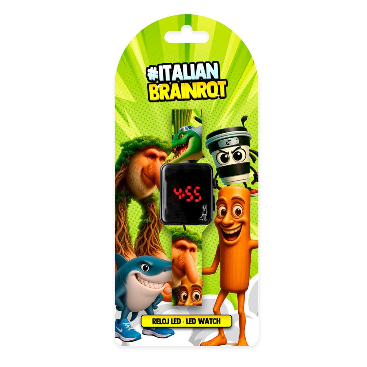 Italian Brainrot LED Kinderhorloge - Digitaal Horloge met LED Display - Verstelbare Polsband - Inclusief Batterijen - Met Tralalero Tralala, Bombardino Crocodilo, Lirili Larila, Brr Brr Patapim Chimpanzini Bananini