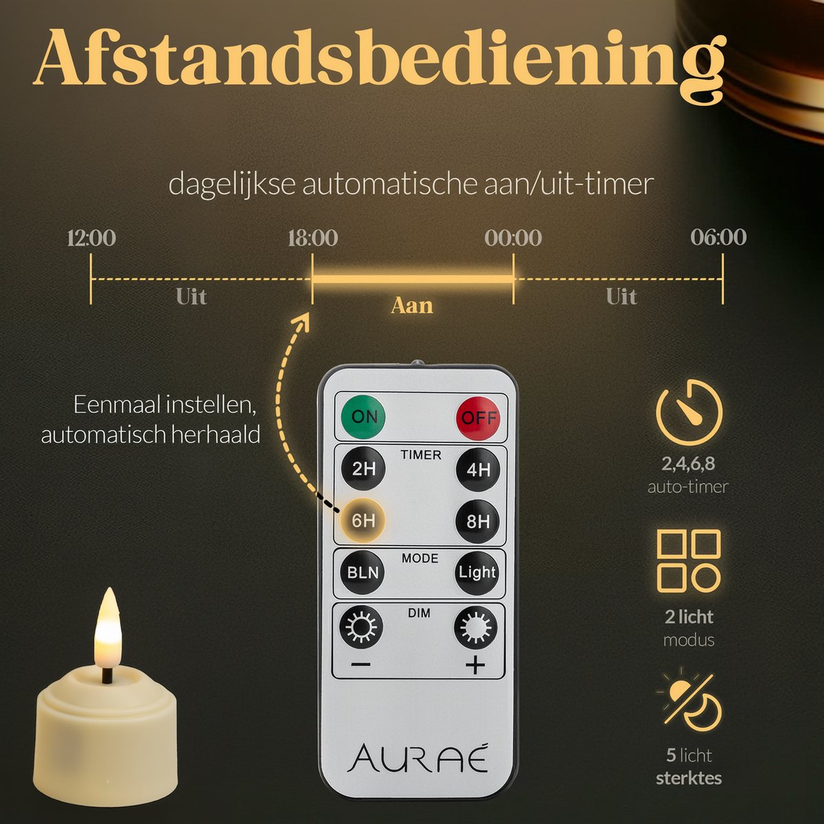 Aurae Oplaadbare Waxinelichtjes 6x - Theelichtjes Oplaadbaar - 40+ Branduren - Led Kaarsen met Afstandsbediening - Flikkerende Vlam - met Lader - Kerst Kaarsen — cadeau in Wonen & Interieur - foto 2