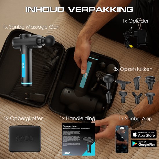 Sanbo Massage Gun Professioneel Gen 4 - Met 8 Opzetstukken - Massage Apparaat - Massageapparaat Massagegun - Massage Pistool - Zwart