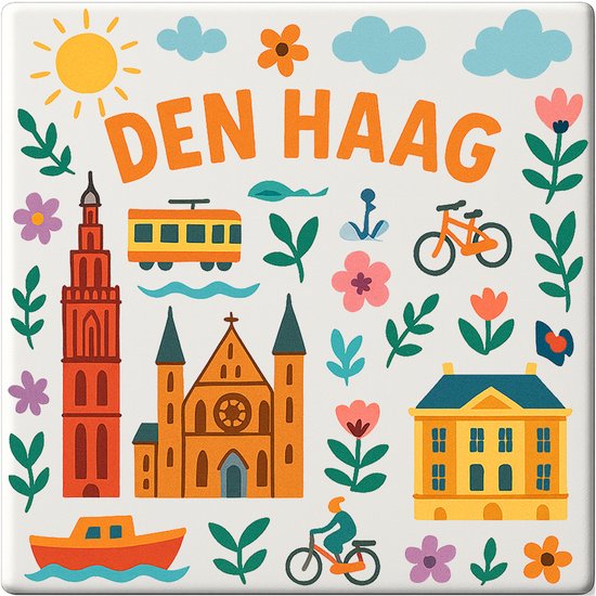 Carreau La Haye - 15 x 15 cm - Céramique - Souvenir décoratif - Avec support/chevalet transparent - Cadeau - Carreaux avec texte