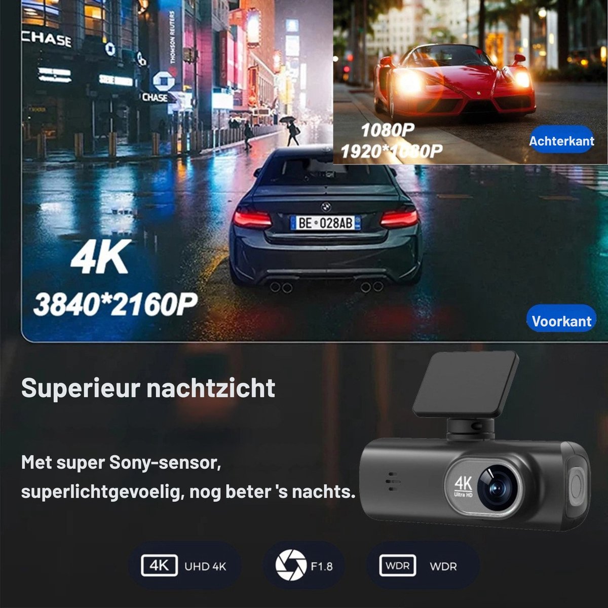 Woegel dashcam - Ultra HD 4K – dual dashcam- Parkeer Monitoring – Inclusief SD Kaart - Nacht zicht – Wifi – Achteruitrijcamera – loop recording thumbnail 8