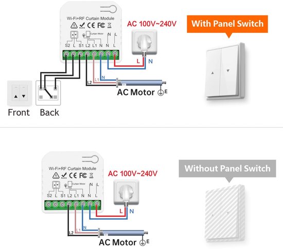 Schema's tonen hoe de Wi-Fi+RF gordijnmodule wordt aangesloten op een AC-motor, met en zonder een paneelschakelaar.