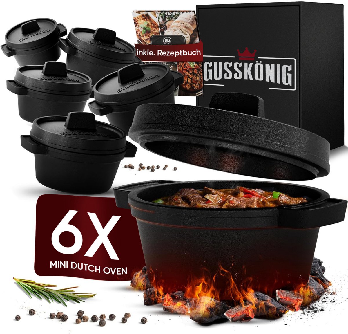 GUSSKÖNIG Dutch Oven Mini Set - 6 stuks 300 ml - Gietijzeren minipan met deksel