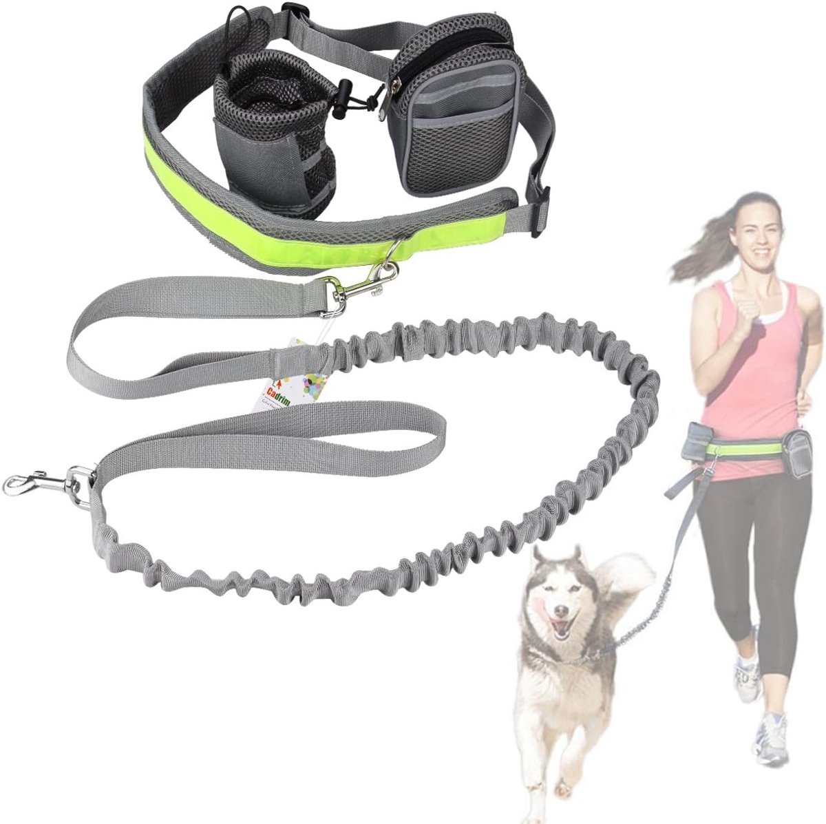 Professor Q - Hardloopriem Hond - Looplijn Met Heupriem Hands Free - Hondenriem - reflecterende hardloopband - Grijs - 150 cm tot 210 cm