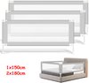 Ensemble de 3 barrières de lit grises : 1x 150 cm et 2x 180 cm. Installées sur un lit.