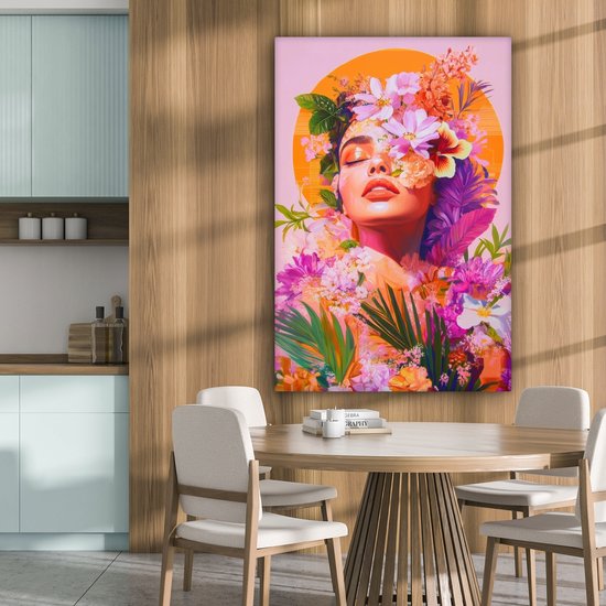 Tableau sur toile 80x120 cm - Décoration murale exclusive Femme - Abstrait - Cercle - Fleurs - Décoration murale salon - Décoration chambre - Accessoires chambre - Peintures sur toile