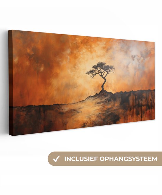 Peinture à l'huile d'un arbre solitaire sur une colline sur fond orange et fumé. Peinture sombre dégoulinant au premier plan. Système de suspension inclus.