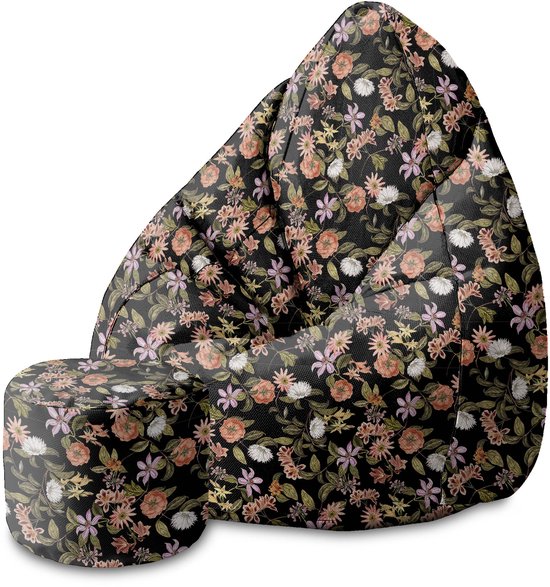 DreamRoots Velvet Zitzak voor Volwassenen – Luxe Beanbag met Voetsteun en Afneembare Hoes – Inclusief Vulling – 70x70x105 cm - Dark Colorful Jungle