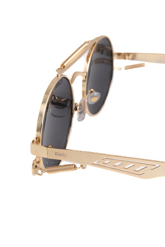 KIMU Steampunk Zonnebril Rond - Goud Montuur Kunststof - Zwarte Glazen - Zonnebril Bril Retro Heren Dames Cirkels Professor Sinterklaas Kado van KIMU — afbeelding 3