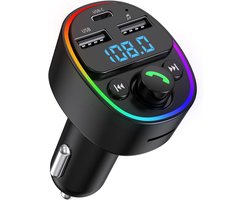 Bluetooth 5.4 FM-zender voor auto-mp3-speler, Type-C & USB-A snellader, HiFi stereo-audio, handsfree bellen, Ring-sfeerverlichting, auto-opladeradapter