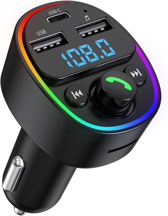 Bluetooth 5.4 FM-zender voor auto-mp3-speler, Type-C & USB-A snellader, HiFi stereo-audio, handsfree bellen, Ring-sfeerverlichting, auto-opladeradapter