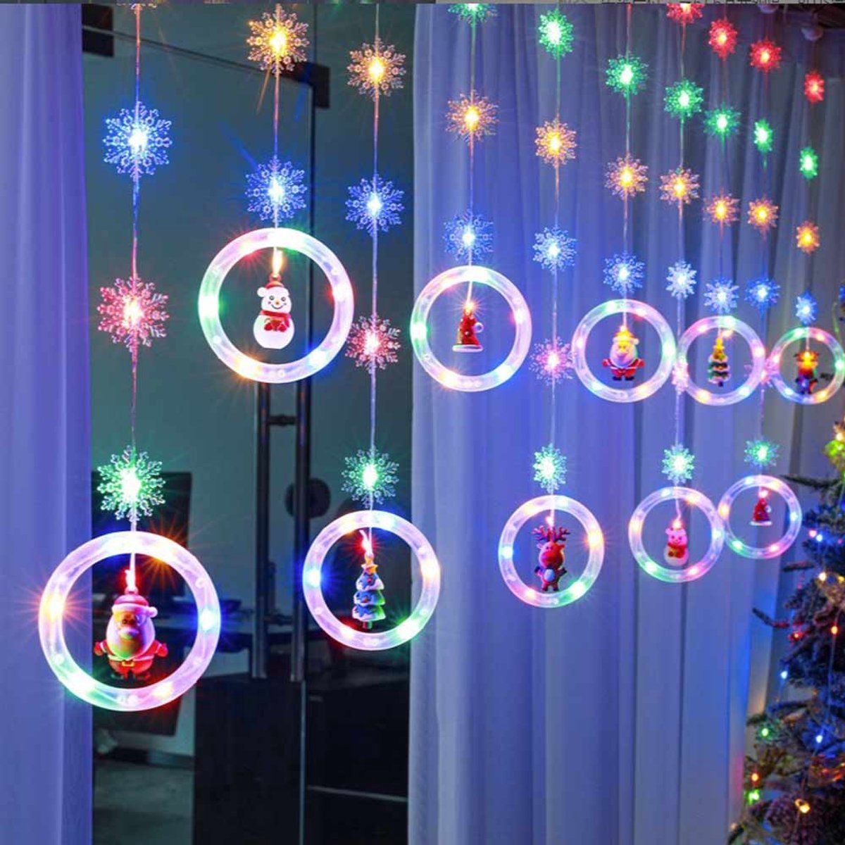 Meedeer LED Kerstverlichting-3 M-120 LED-Met afstandsbediening & haak-Lichtgordijn-Gordijnverlichting-Kerst Lichtslingers-USB-Vorm met Snowflakes & Kerstman &kerstboom-Sfeer Verlichting（Kleurrijke lichten）