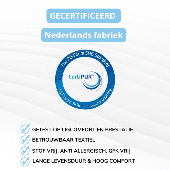 Certificaat: The PU-Foam SHE-Standard, CertiPUR. Tekst: Gecertificeerd, Nederlands fabriek. Getest op ligcomfort.