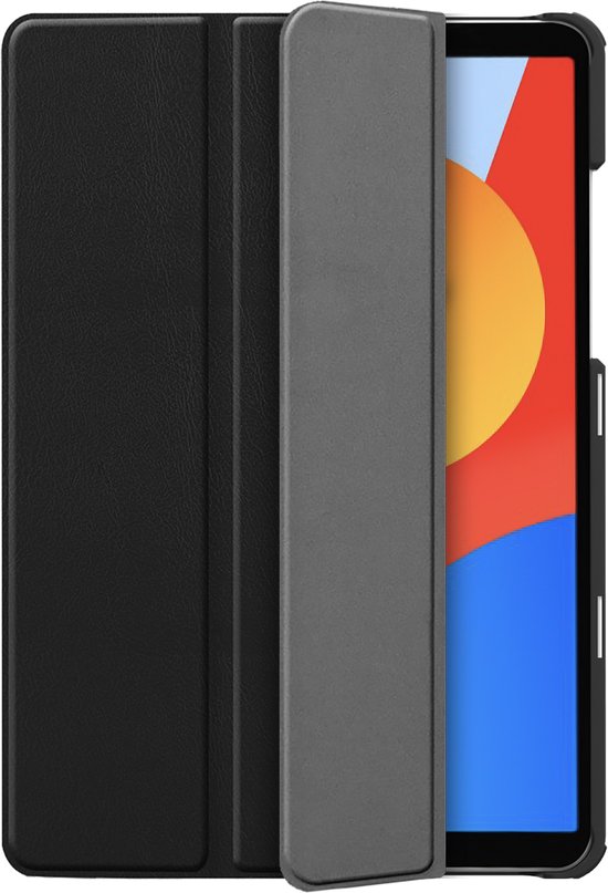Étui tablette noir TriFold avec un rabat semi-ouvert montrant l'écran de la tablette.