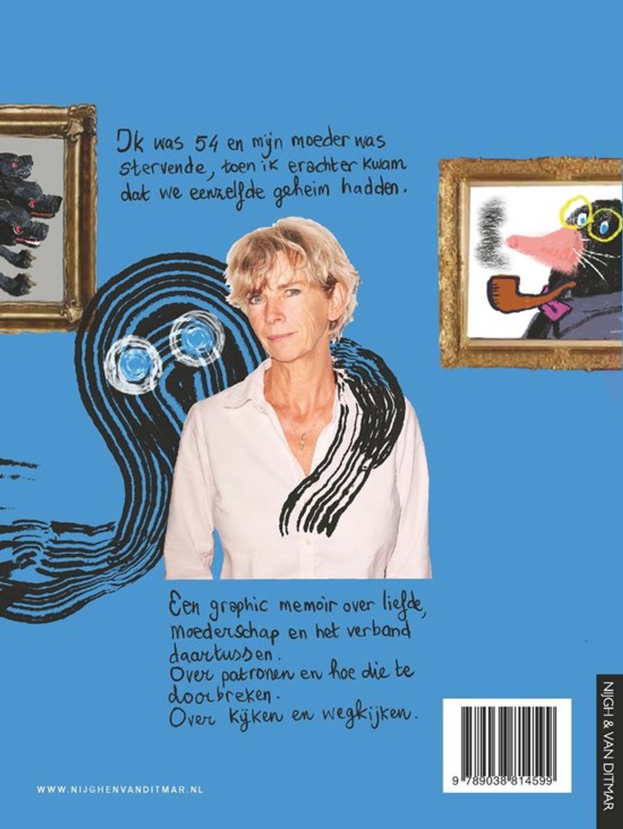 Een vrouw staat voor een blauwe achtergrond met illustraties van schilderijen en zwarte krullen. "Ik was 54 en mijn moeder was stervende, toen ik erachter kwam dat we eenzelfde geheim hadden."