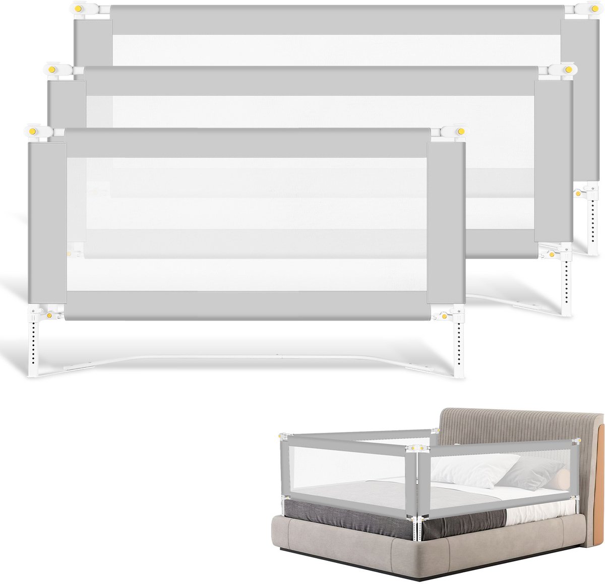 Image of 3X Bedhekje - Universeel Bedzijrail - Extra Lang (150cm+200cmx2) Breed - Opvouwbaar Verstelbaar – StandSafe Blokkade - Voor Kinderen - Safety - Grijs met Fixatieband