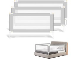3X Bedhekje - Universeel Bedzijrail - Extra Lang (150cm+200cmx2) Breed - Opvouwbaar Verstelbaar – StandSafe Blokkade - Voor Kinderen - Safety - Grijs met Fixatieband
