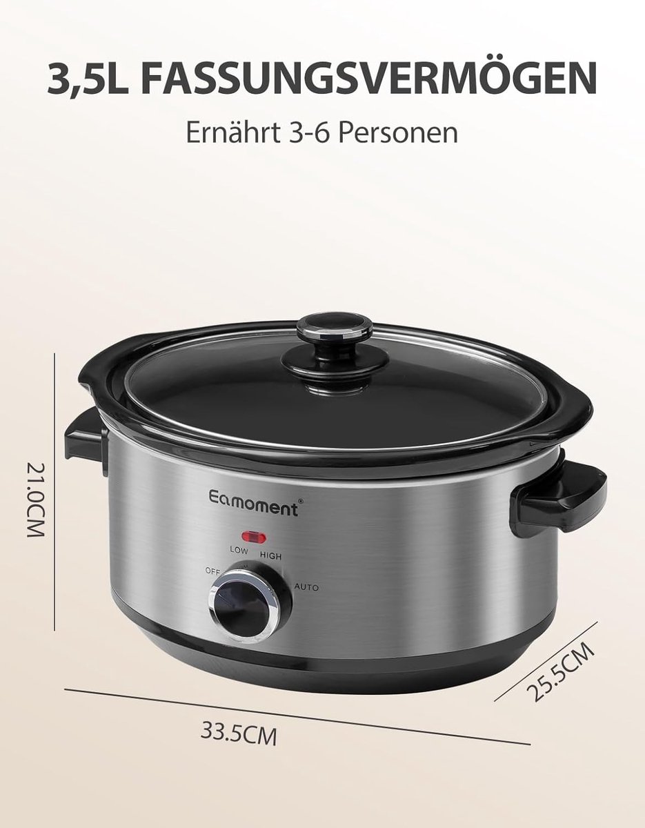 Slow Slow Cooker 3,5L Keramische Pan Zilver 200W - afbeelding 2