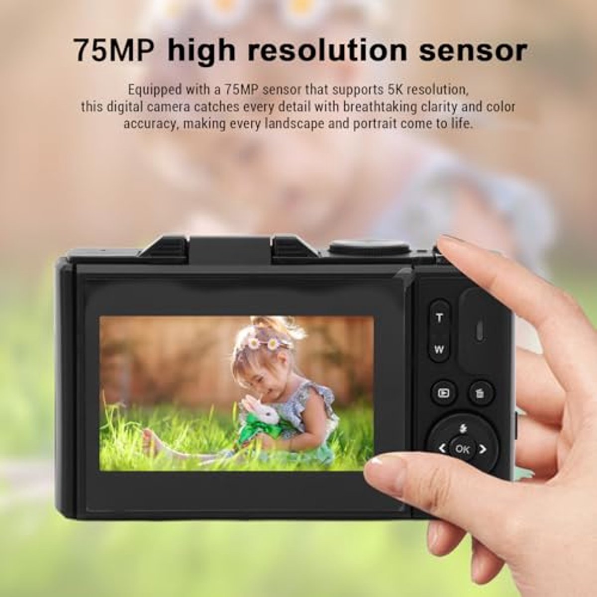 5K Digital Camera, 75MP Vlogging Camera, with 18x Zoom, 3 Inch Flip Screen, HD Compact Camera, for Travel Photography (BLACK) thumbnail 3
