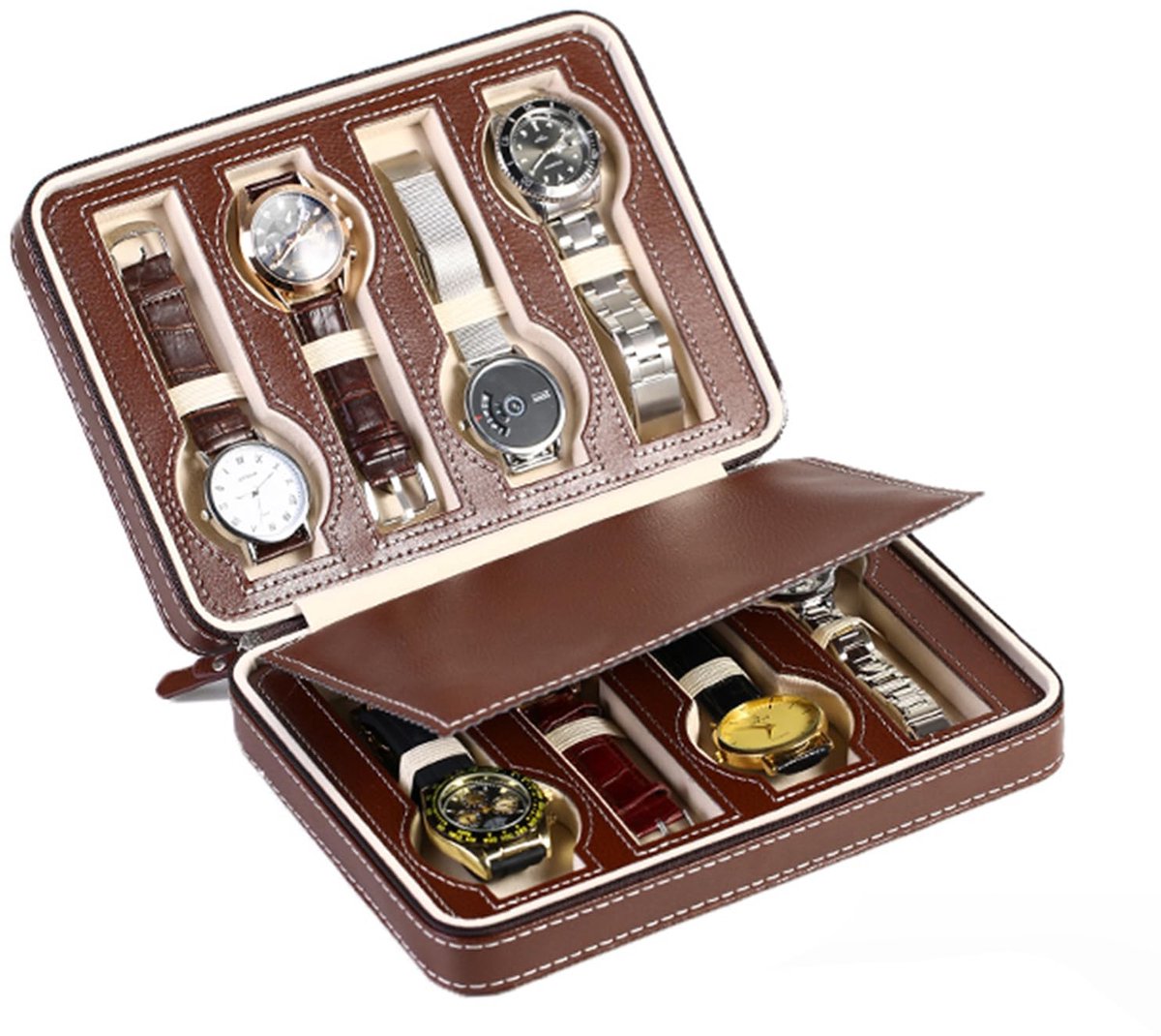 8 Compartment Storage Box, 1 Piece Watch Box, Portable Travel Collector Box with Zipper, Organizer, New Storage for Your Watch, Portable Travel Collection, Storage Organizer (Coffee Brown)
