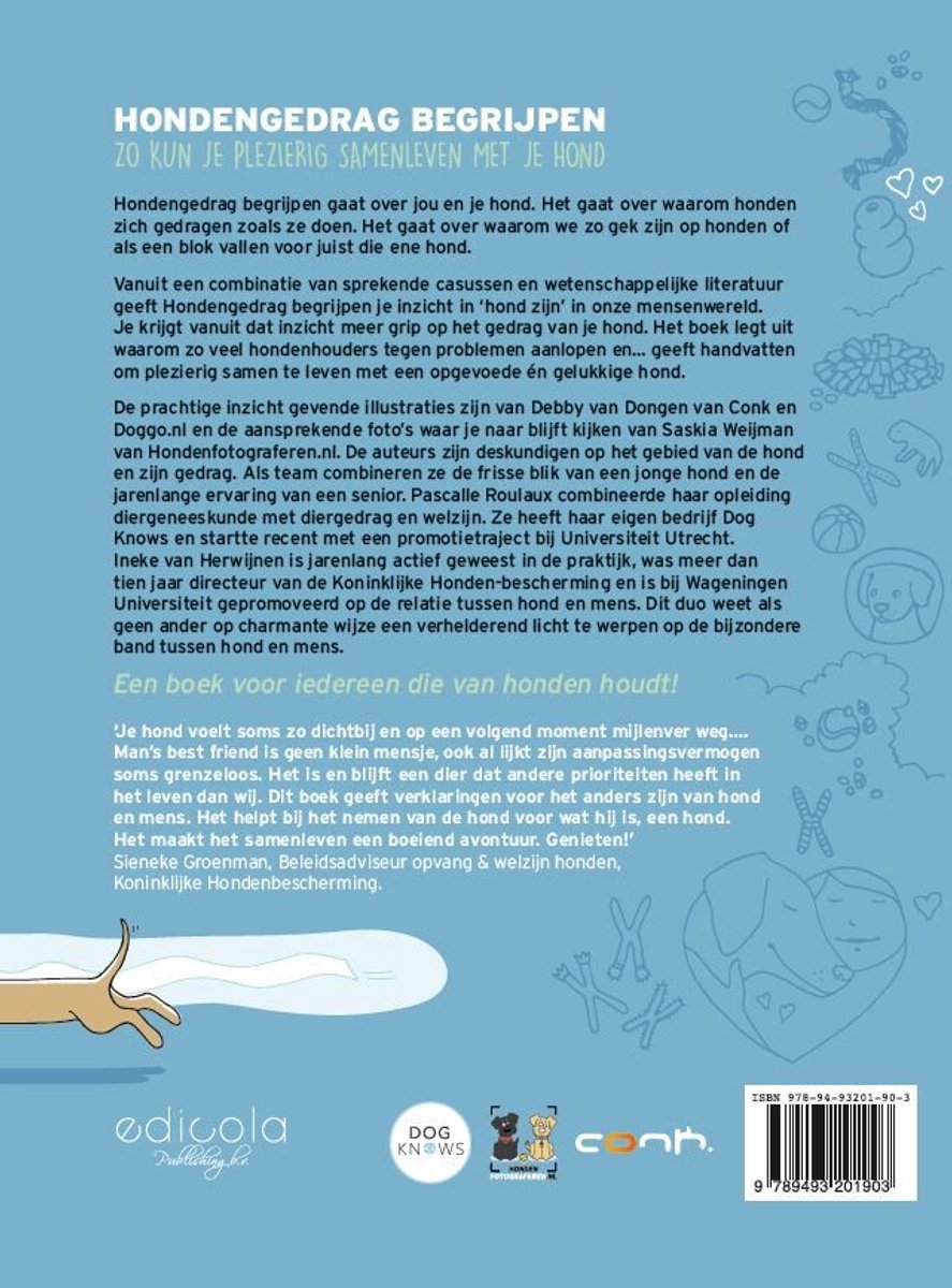 De achterkant van het boek 'Hondengedrag Begrijpen' met informatie over de inhoud en de auteurs.